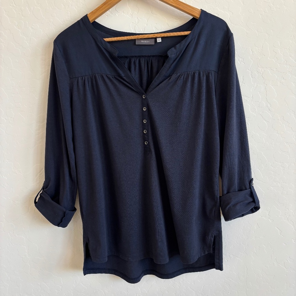 Navy blue button-down tunic-style blouse, Size Small, Boho